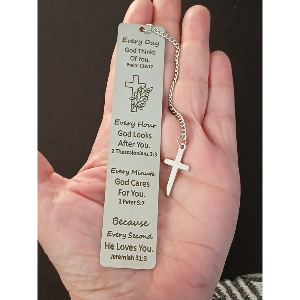 NEW Christian Bible Verses Metal Bookmark with Dangling Cross on Chain